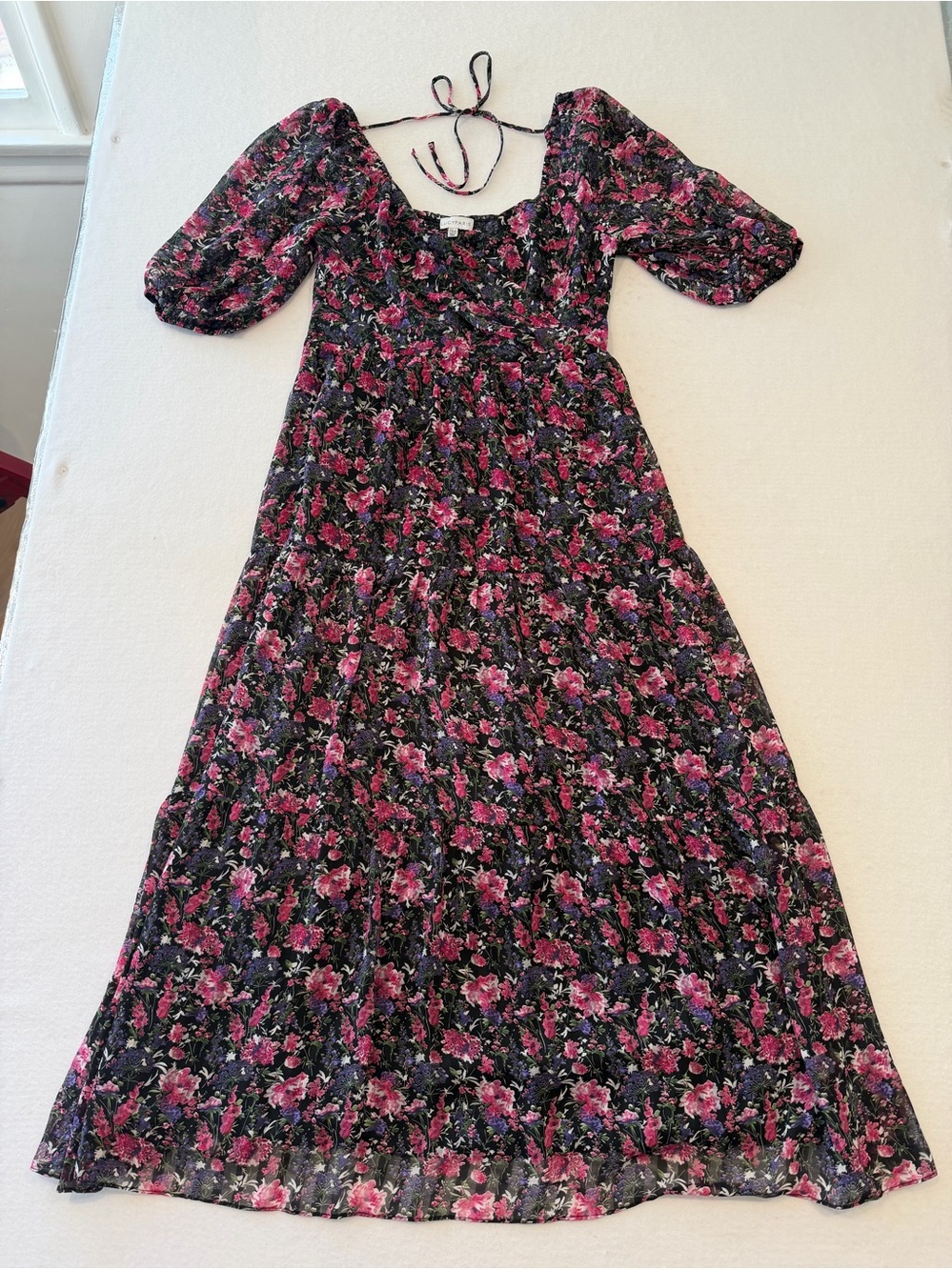 LUCYPARIS Women’s Floral Maxi Dress L Black/Pink/Purple Square Neck Lined Tie
